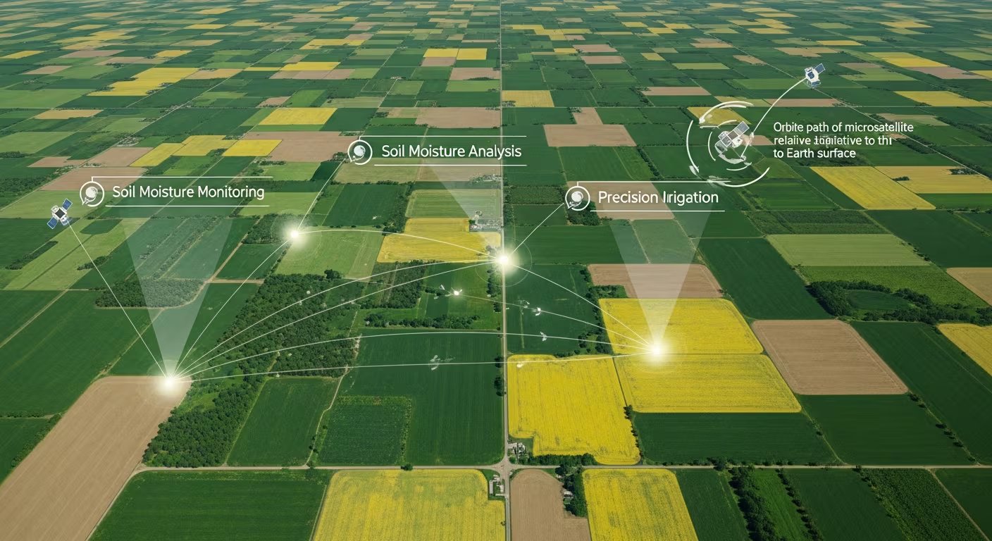 Microsatélites facilitan el monitoreo de la humedad del suelo y el riego de precisión en extensos campos agrícolas, optimizando la gestión de cultivos. (Imagen Ilustrativa Infobae)