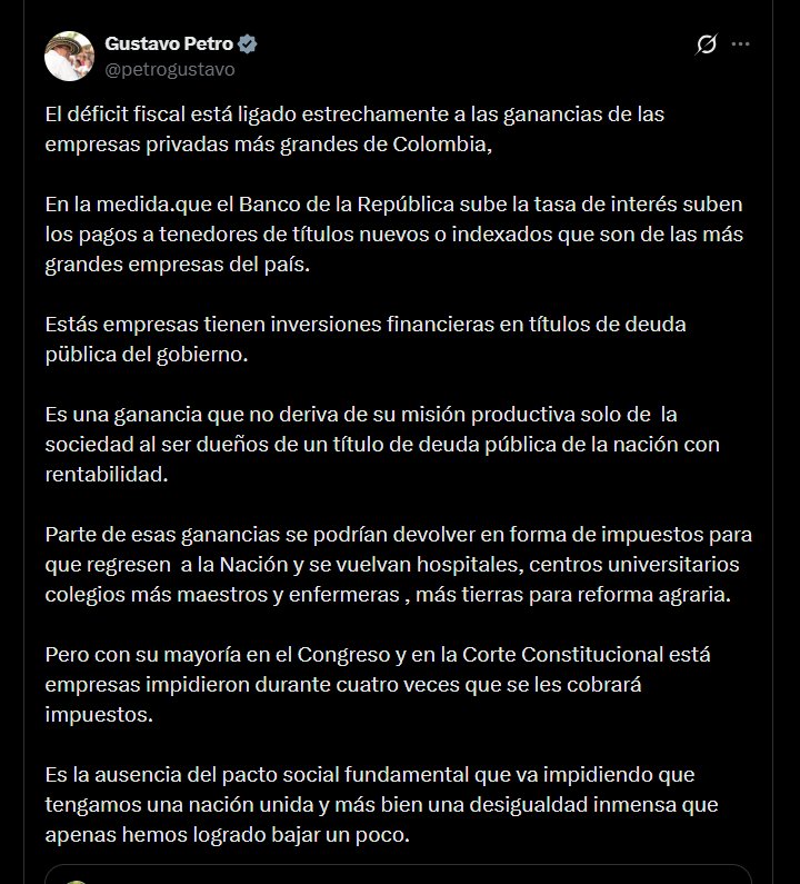 La publicación de Gustavo Petro en X no incluye cifras sobre el déficit fiscal, las tasas de interés ni los pagos a esos tenedores - crédito @petrogustavo/X