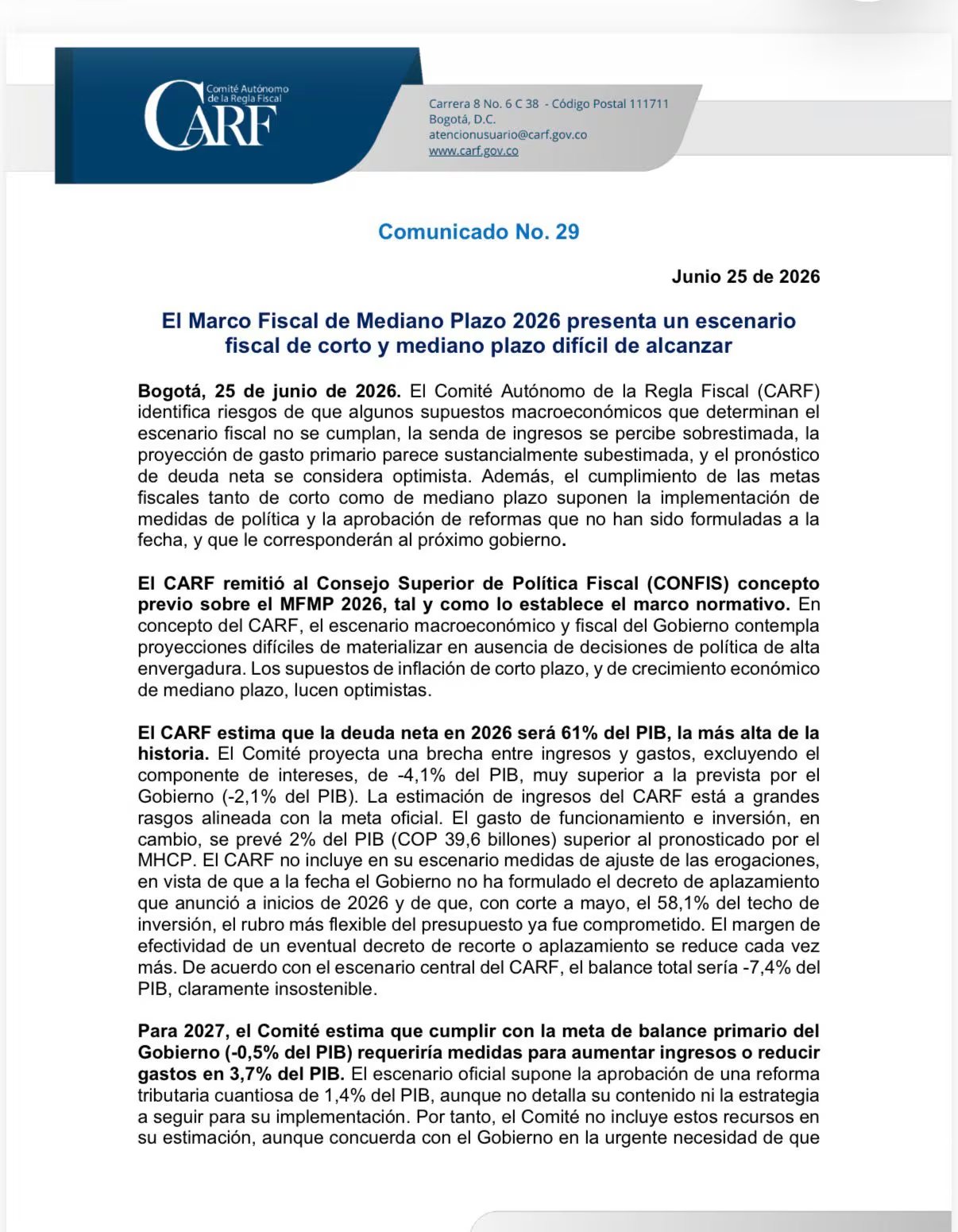 El Carf advirtió que esa proyección responde a supuestos macroeconómicos que considera optimistas, una senda de ingresos que ve sobrestimada, un gasto primario que juzga subestimado y metas fiscales sujetas a medidas y reformas que aún no han sido formuladas - crédito El Carf