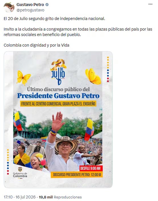 Gustavo Petro anunció su último discurso el 20 de julio como parte de la celebración del Día de la Independencia - crédito @petrogustavo/X