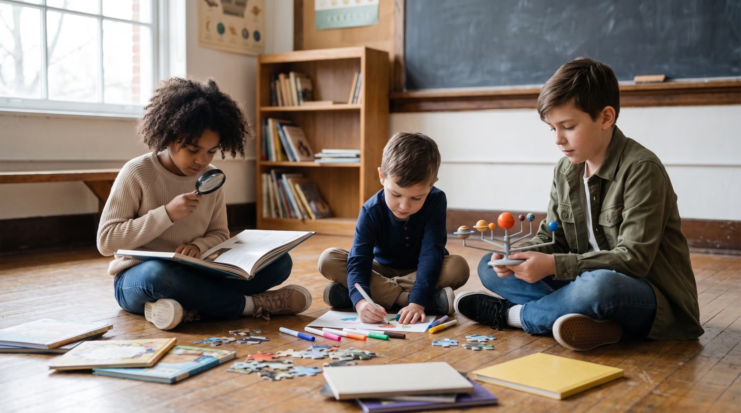 Tres niños de diversas etnias se concentran en actividades de aprendizaje con libros y un modelo del sistema solar en el suelo de un aula luminosa. (Imagen Ilustrativa Infobae)