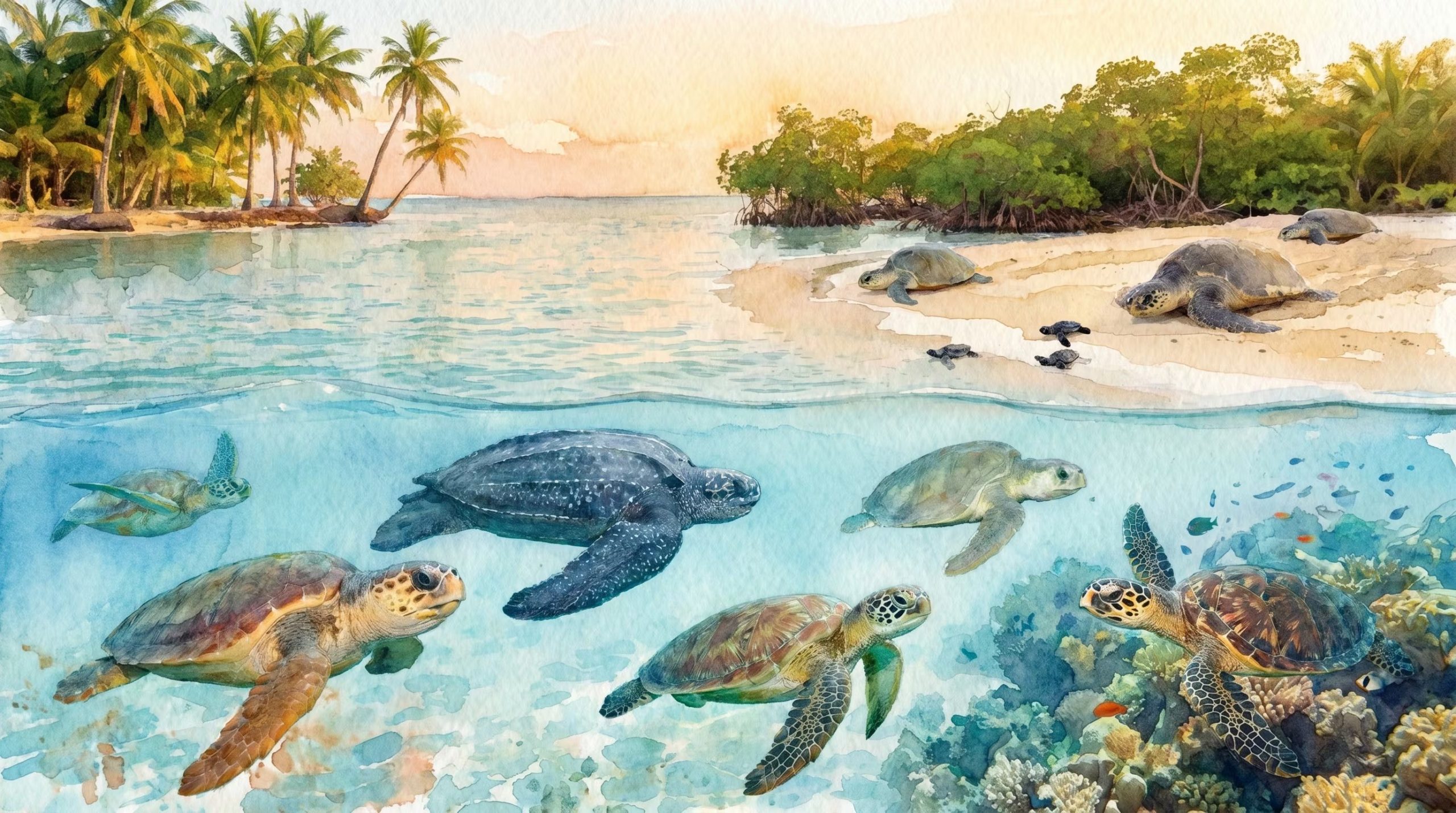 Una hermosa ilustración de acuarela muestra tortugas marinas adultas y crías en una playa tropical y nadando entre arrecifes de coral bajo el agua, destacando la biodiversidad oceánica. (Imagen Ilustrativa Infobae)