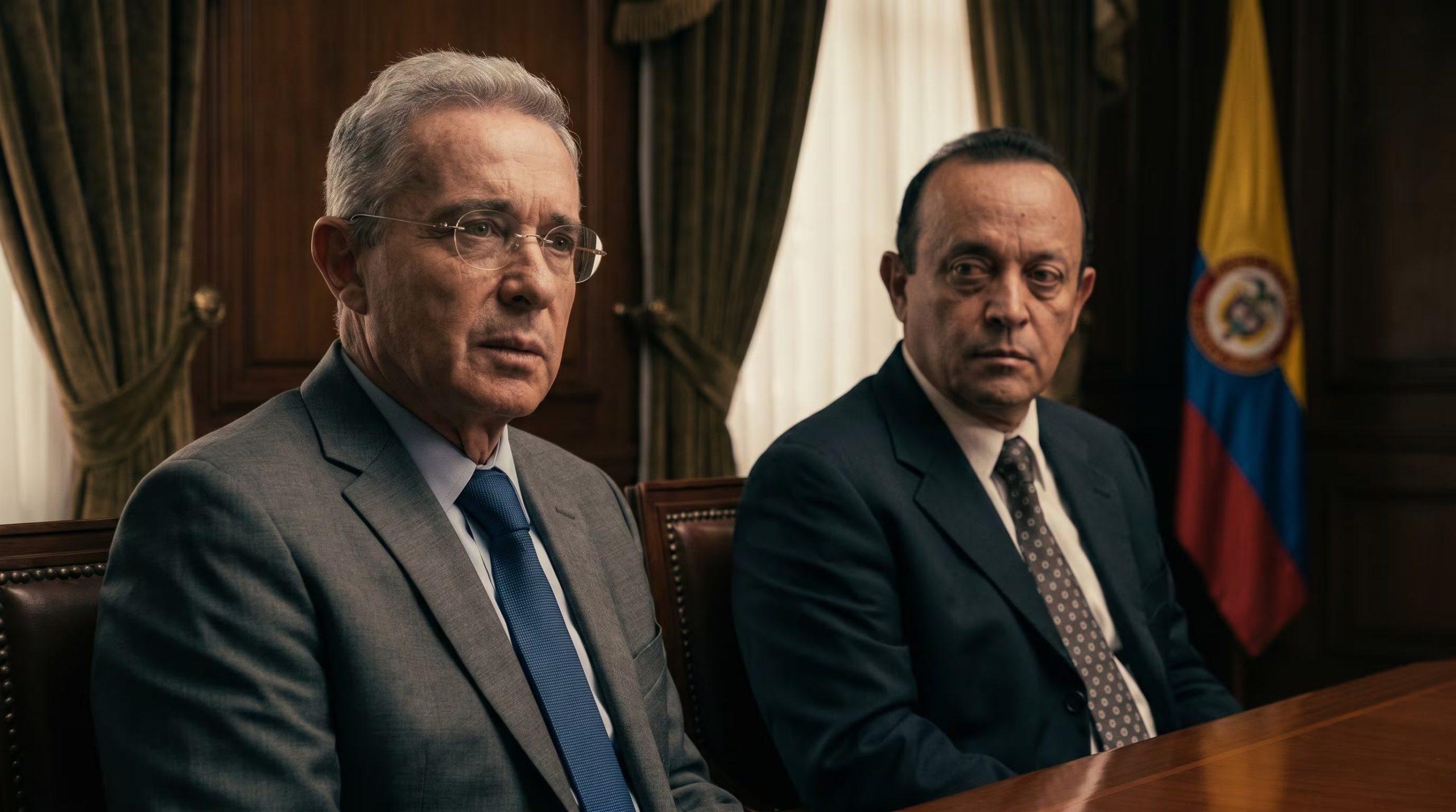 El expresidente Álvaro Uribe Vélez y su hermano Santiago Uribe aparecen en una composición cinematográfica, sentados en una mesa formal en medio del proceso en contra de ambos por vinculos apramilitares - crédito Imagen Ilustrativa Infobae