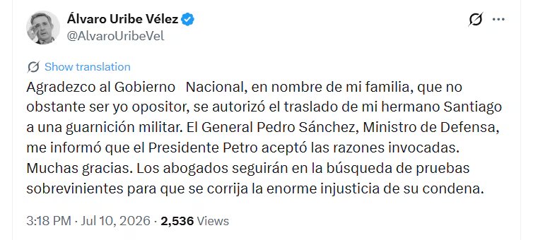 El expresidente Álvaro Uribe Vélez informó que el presidente Gustavo Petro aceptó las razones expuestas para el traslado - crédito @AlvaroUribeVel/X