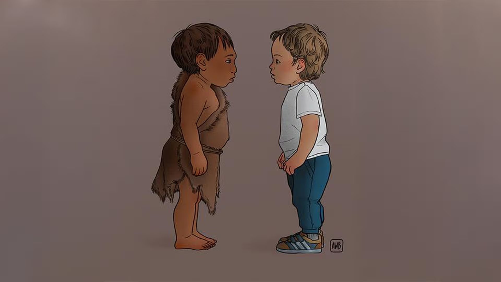 Un niño neandertal y un niño humano moderno, cara a cara: dos especies separadas por miles de años y unidas por un patrón de crecimiento similar. (Alice Walczer Baldinazzo)