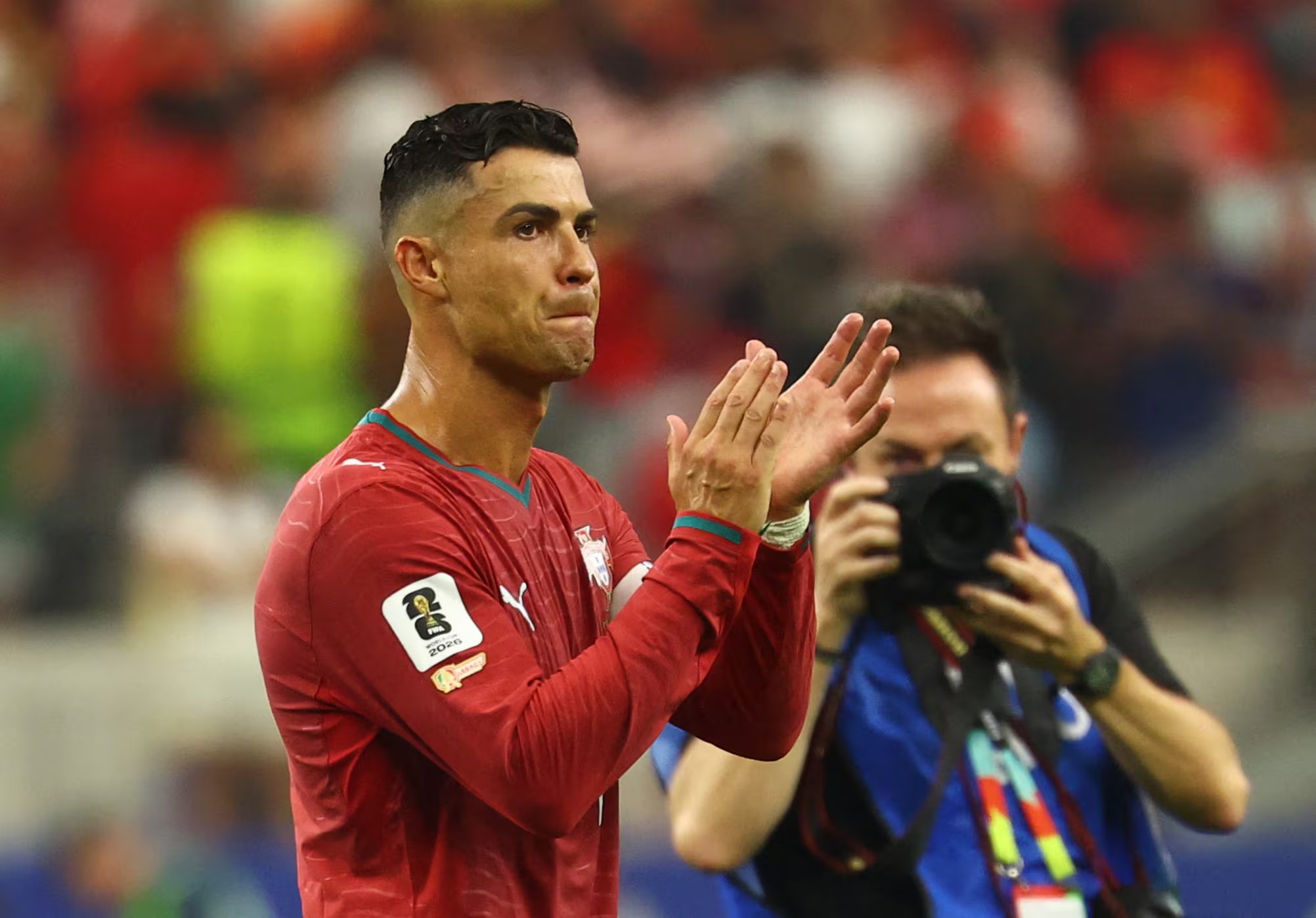 Soccer Football - FIFA World Cup 2026 - Round of 16 - Portugal v Spain - Dallas Stadium, Arlington, Texas, U.S. - July 6, 2026 Portugal's Cristiano Ronaldo looks dejected after the match as Portugal are eliminated from the World Cup REUTERS/Kai Pfaffenbach