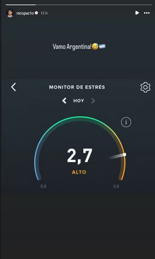 El monitor de estrés que publicó Nico Paz durante el partido entre Argentina y Suiza (@nicopaz1o)