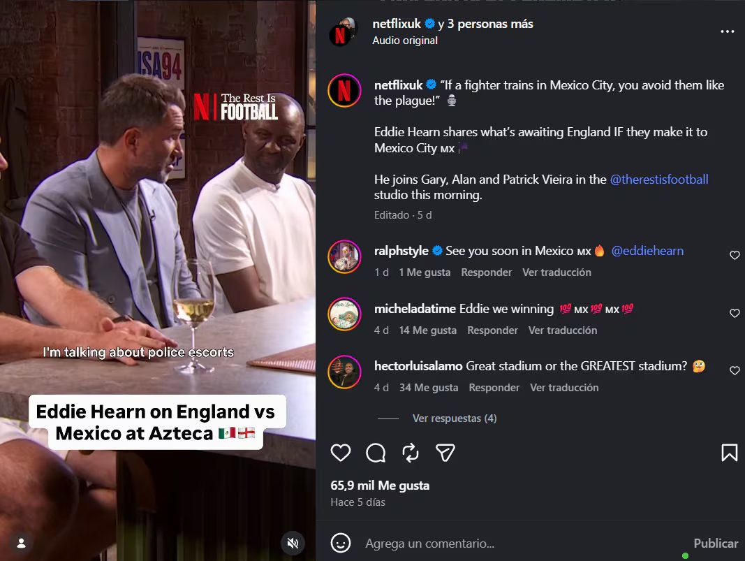 Eddie Hearn, promotor de boxeo, analiza el posible impacto para Inglaterra de un partido contra México en el Estadio Azteca durante el programa The Rest Is Football. (Instagram: The Rest is football)