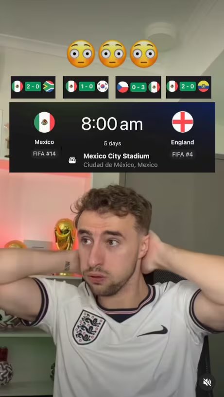 El creador de contenido Callum Wm reacciona a los detalles del próximo partido de fútbol entre México e Inglaterra en el Estadio Ciudad de México. (Instagram: Callum Wm)