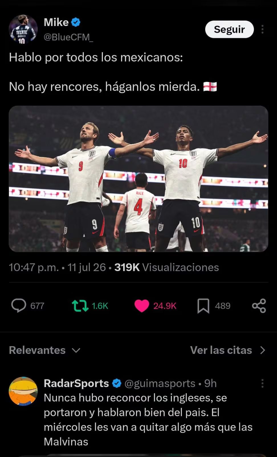 En las redes sociales distintas páginas de fans mexicanos han mostrado su total apoyo para la Selección de Inglaterra (Captura de pantalla)