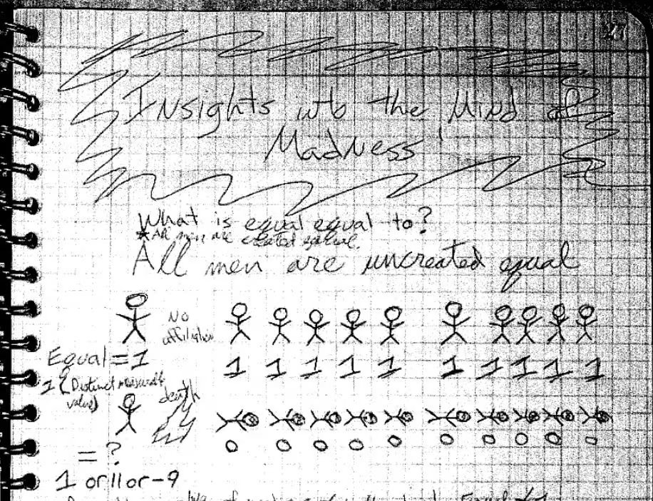 Una de las páginas del cuaderno de anotaciones de James Holmes. Se descubrió que había enviado un cuaderno con un mapa mental del ataque a su psiquiatra de la Universidad de Colorado