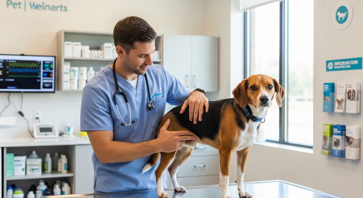 Un veterinario sonriente examina cuidadosamente a un perro beagle tricolor sobre una mesa en una moderna clínica veterinaria, enfatizando la importancia de la medicina preventiva para la salud animal. (Imagen Ilustrativa Infobae)