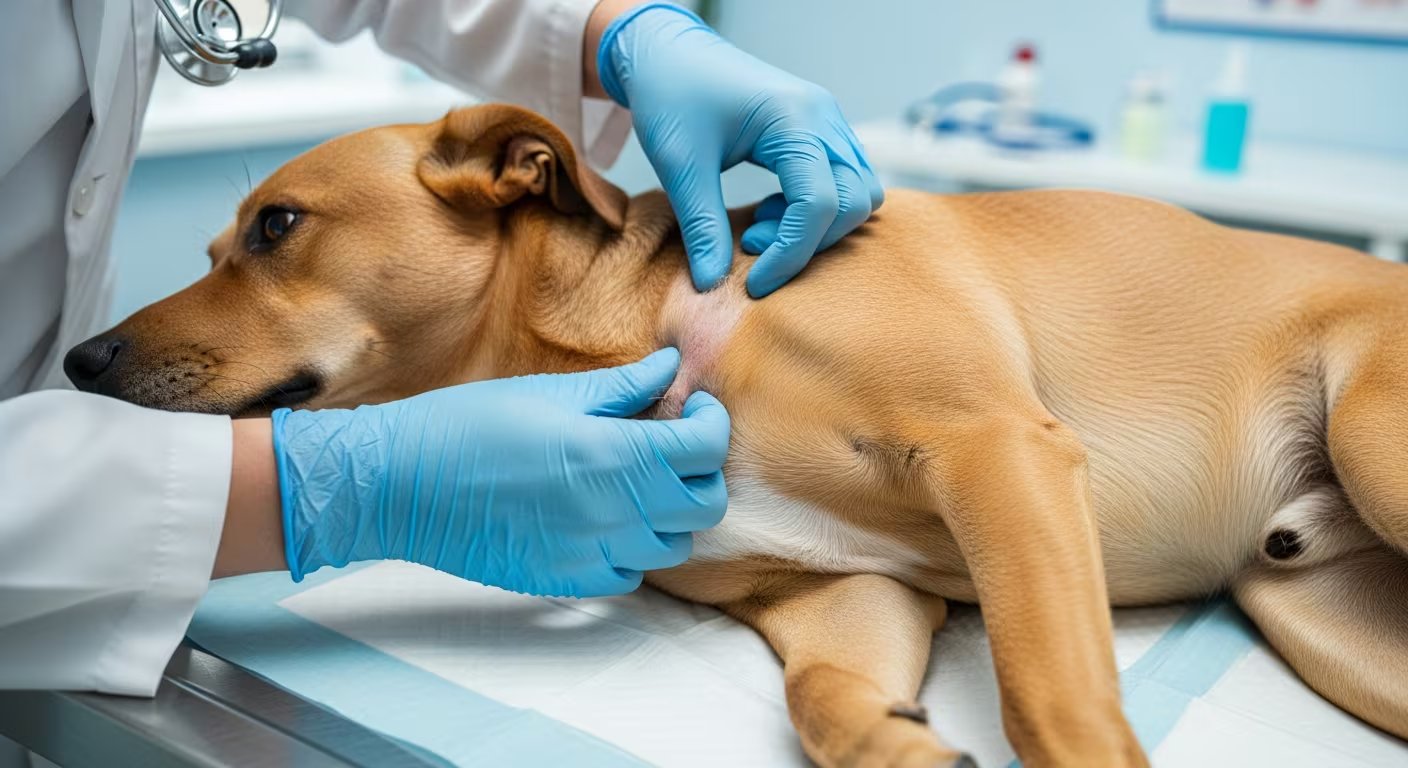 Un veterinario con guantes azules examina la piel de un perro marrón claro recostado sobre una mesa de examen. (Imagen Ilustrativa Infobae)