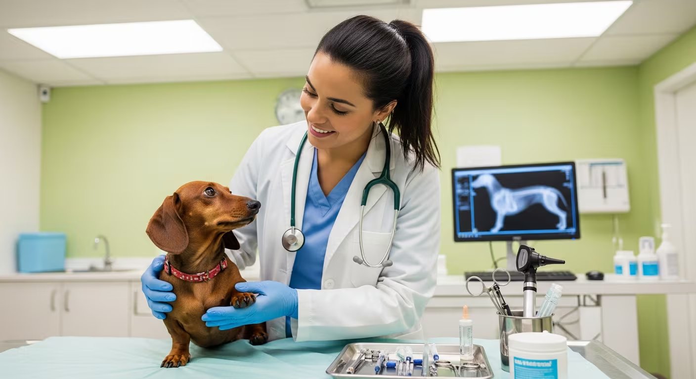 Una veterinaria sonriente examina con guantes azules a un perro salchicha marrón sobre una mesa en una clínica moderna, garantizando su bienestar. (Imagen Ilustrativa Infobae)