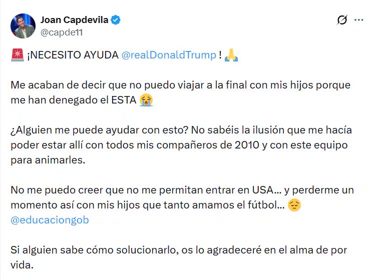Tweet de Joan Capdevila pidiendo ayuda en redes (X)