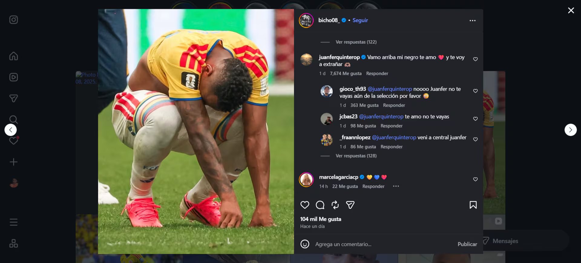 El volante de River Plate le dio una muestra de apoyo al delantero de Rosario Central tras recibir amenazas, situación que no le permitió arribar a Colombia-crédito @bicho08_/@juanferquinterop/Instagram