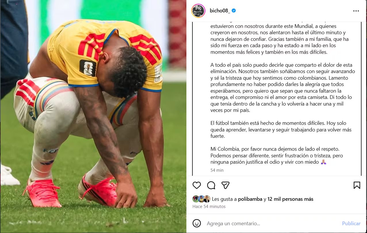 Mensaje de Jaminton Campaz tras la eliminación con la Selección Colombia y las amenazas en contra de su vida - crédito Instagram