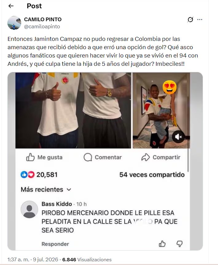 Post de Camilo Pinto sobre las amenazas en contra de Jaminton Campaz - crédito X