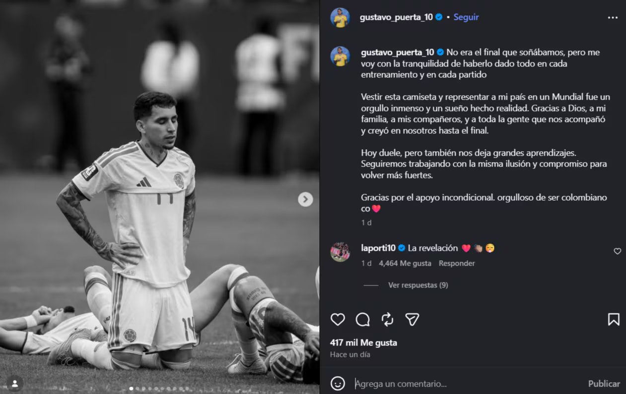 El volante del Racing de Santander se pronunció en su cuenta de Instagram tras el fracaso de la selección Colombia en el Mundial 2026-crédito @gustavo_puerta_10/Instagram