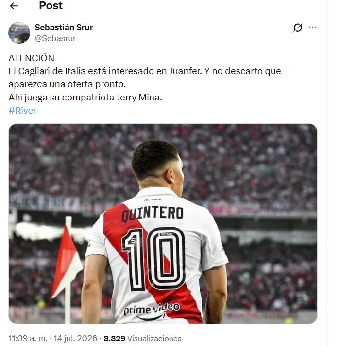 Post de Sebastián Srur sobre el posible futuro de Juan Fernando Quintero en el fútbol de Europa - crédito X