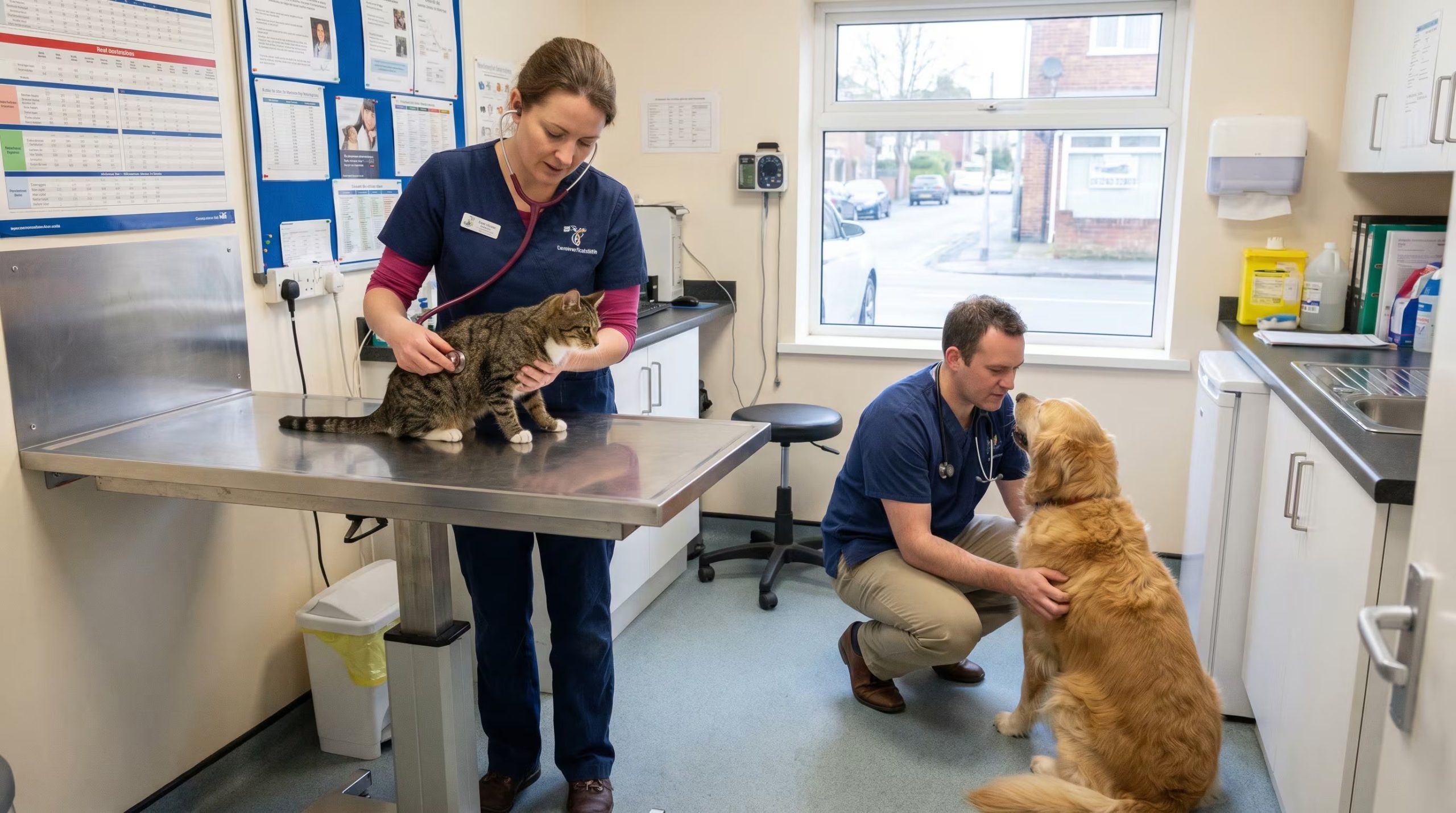 En una clínica veterinaria, dos profesionales examinan a un gato atigrado sobre una mesa de acero inoxidable y a un perro golden retriever en el suelo. (Imagen Ilustrativa Infobae)