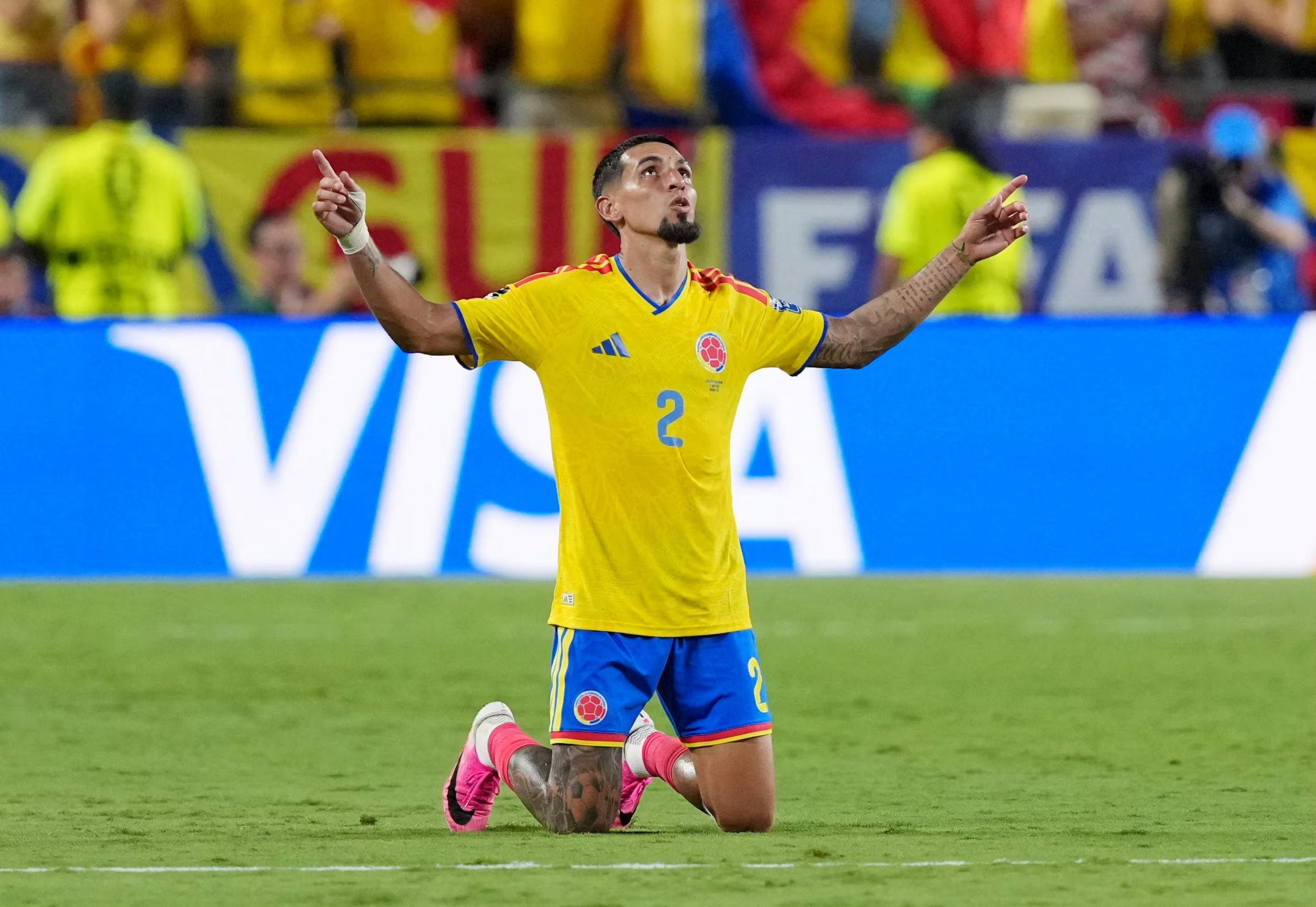 Soccer Football - FIFA World Cup 2026 - Round of 32 - Colombia v Ghana - Kansas City Stadium, Kansas City, Missouri, U.S. - July 3, 2026 Colombia's Daniel Munoz celebrates after the match IMAGN IMAGES via Reuters/Jay Biggerstaff