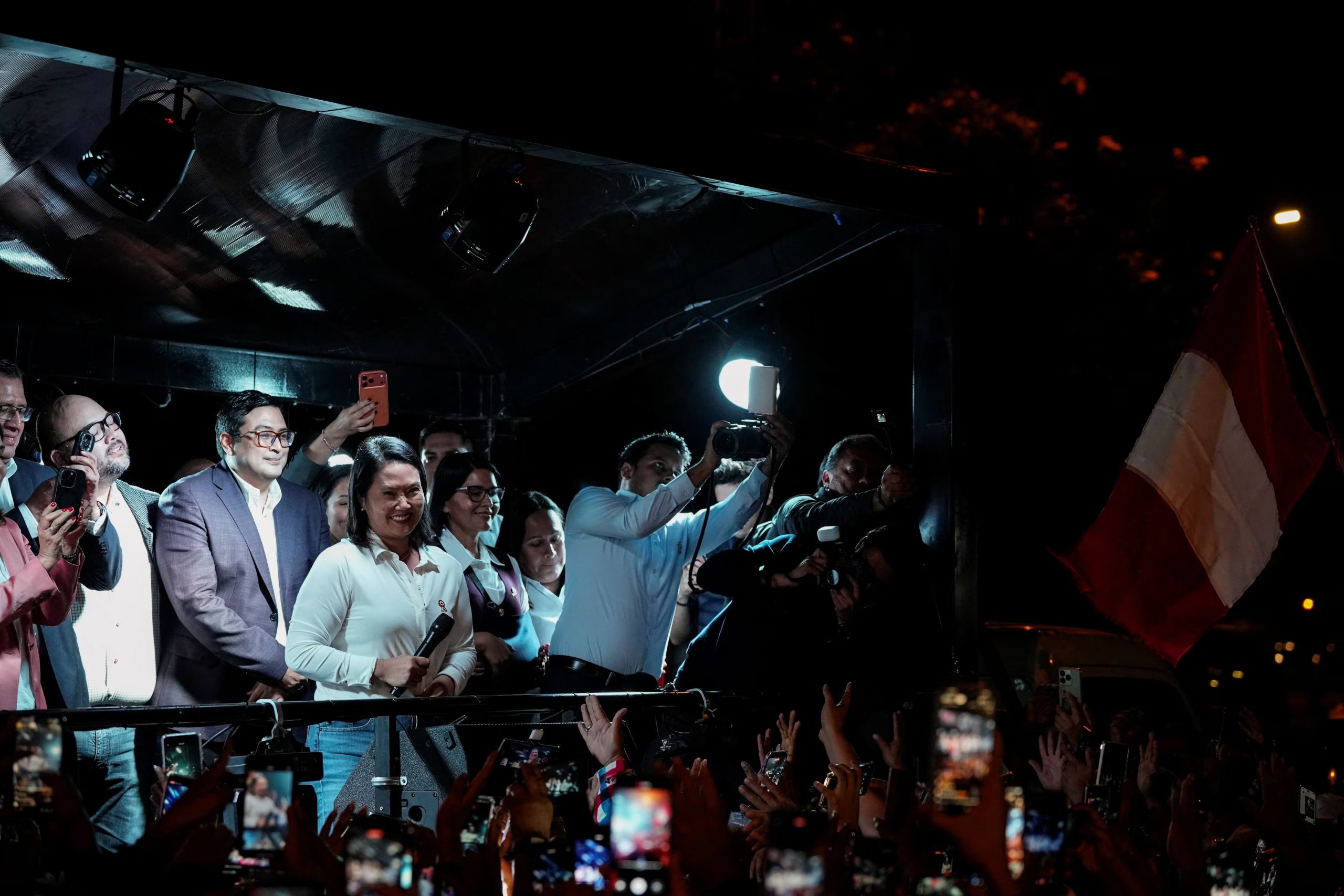 Peru's President-elect Keiko Fujimori reacts a supporters gather outside her party's Popular Force headquarters, after she was officially declared the winner of Peru's presidential race by the country's electoral office, in Lima, Peru, July 3, 2026. REUTERS/Angela Ponce