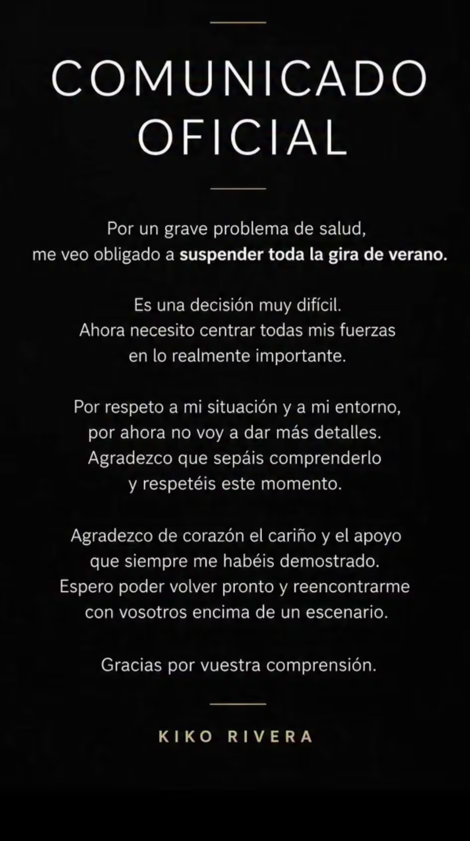 Las palabras de Kiko Rivera para anunciar su estado de salud. (Instagram oficial de Kiko Rivera)