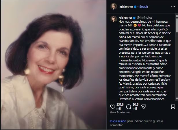 Kris Jenner expresó su dolor por la muerte de su madre. (Instagram)
