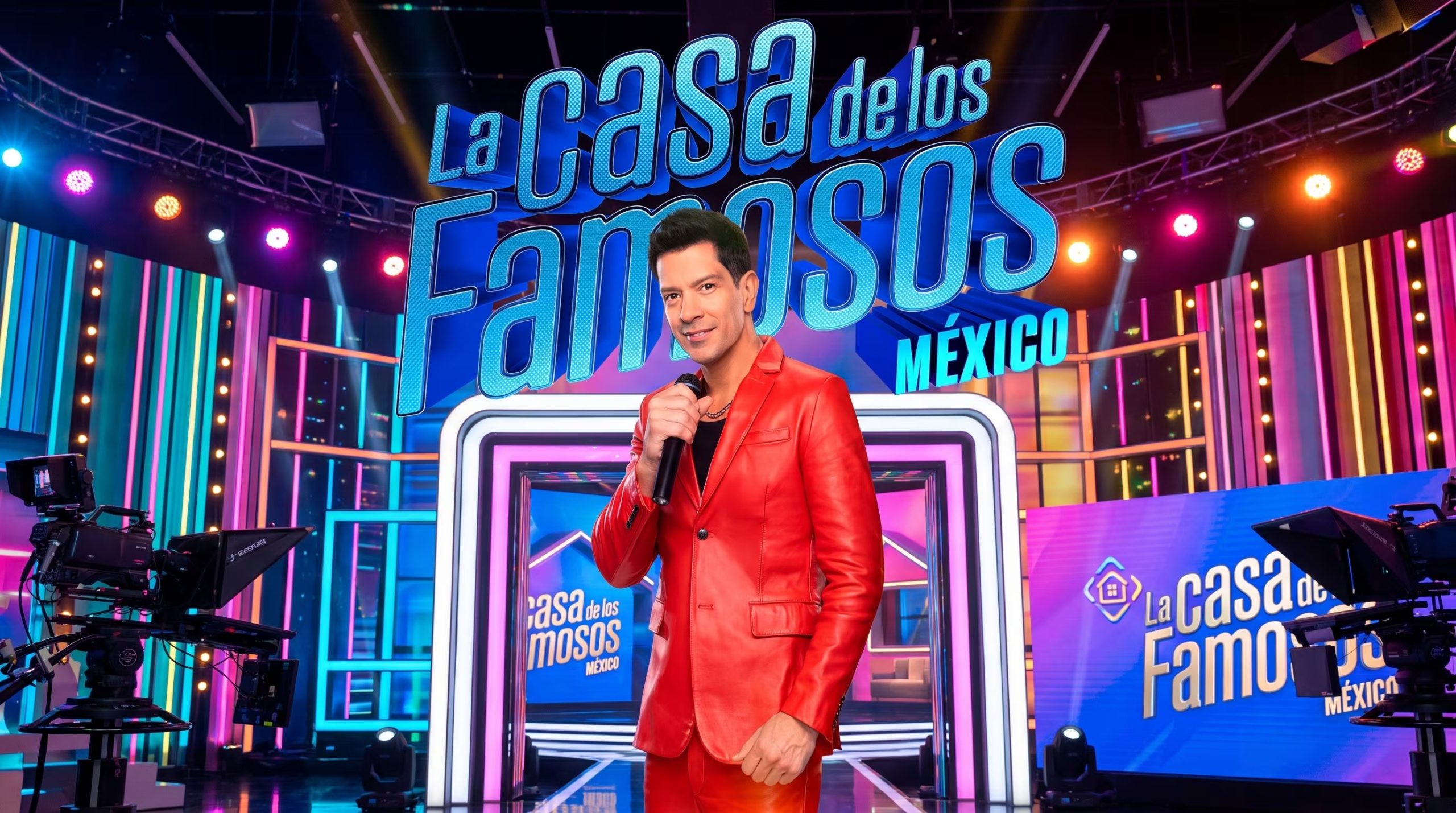 Yahir posa de cuerpo completo con un micrófono en el escenario del programa 