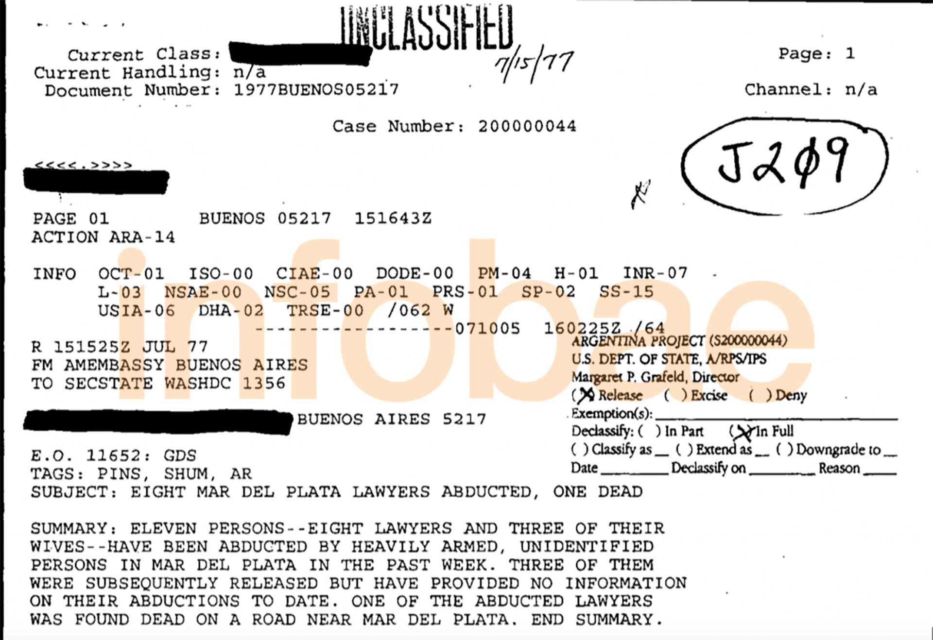 El comienzo del primer telegrama de la Embajada de los EEUU en Buenos Aires sobre la Noche de las Corbatas, desclasificado por el Departamento de Estado.