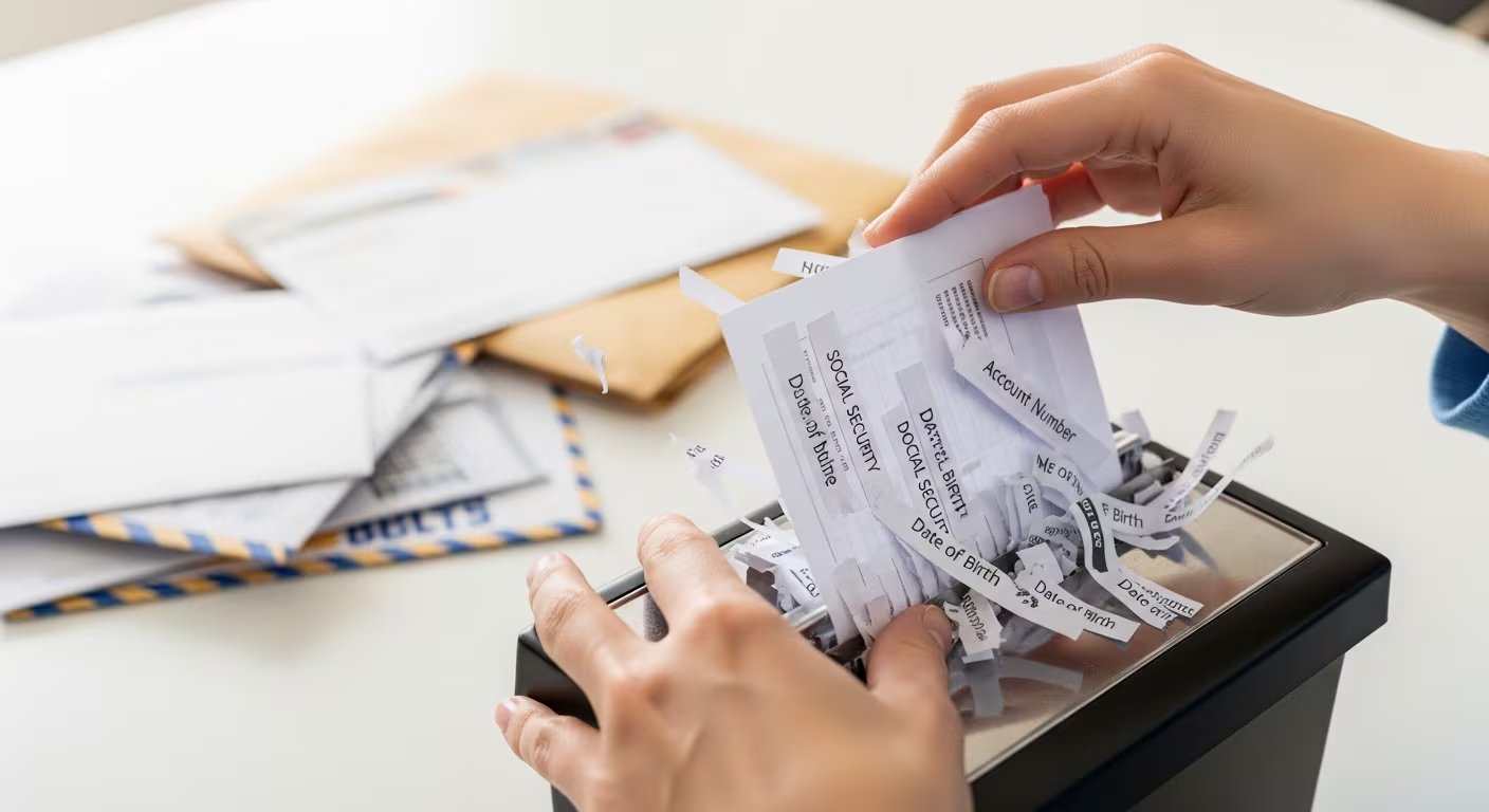 Una persona introduce documentos con información personal en una trituradora de papel, evitando la exposición de datos sensibles. (Imagen Ilustrativa Infobae)