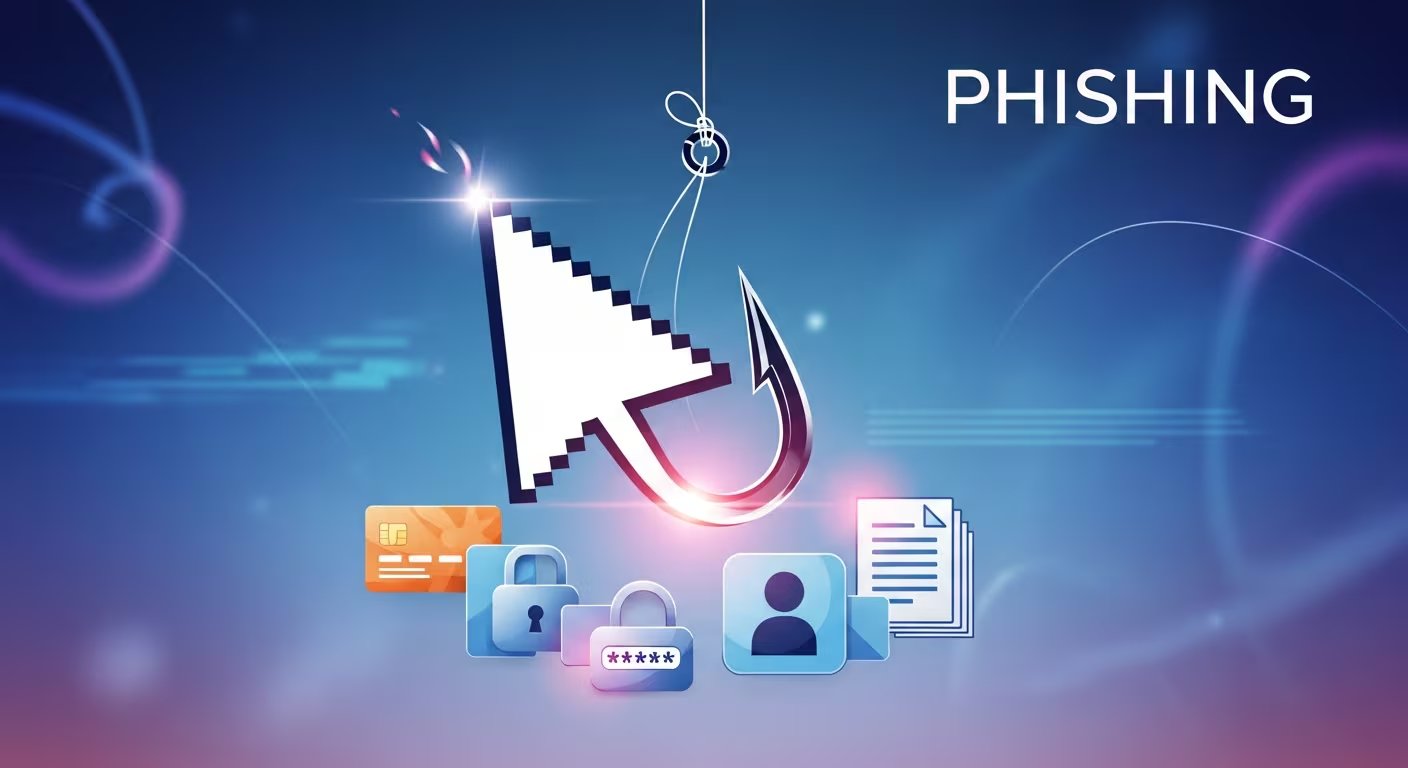 Un anzuelo digital, representado por un cursor, se cierne sobre iconos de tarjetas de crédito, contraseñas y perfiles de usuario, ilustrando el riesgo de phishing para datos personales. (Imagen Ilustrativa Infobae)