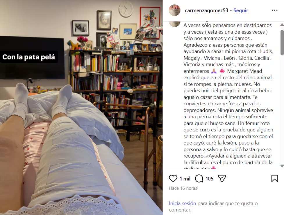 La actriz se fracturó la pierna e hizo una apología al dolor de la sociedad con su publicación - crédito @carmenzagomez53/IG