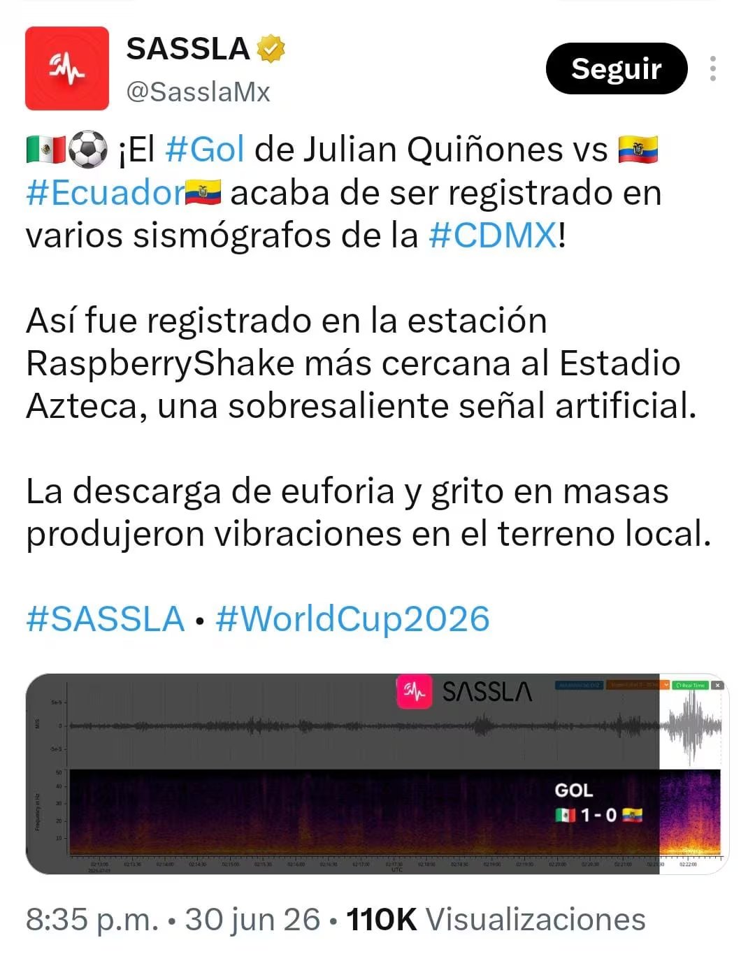 Un tuit de SASSLA muestra el registro en sismógrafos de Ciudad de México de las vibraciones generadas por un gol anotado por Julián Quiñones en un partido de fútbol. (X: SASSLA)