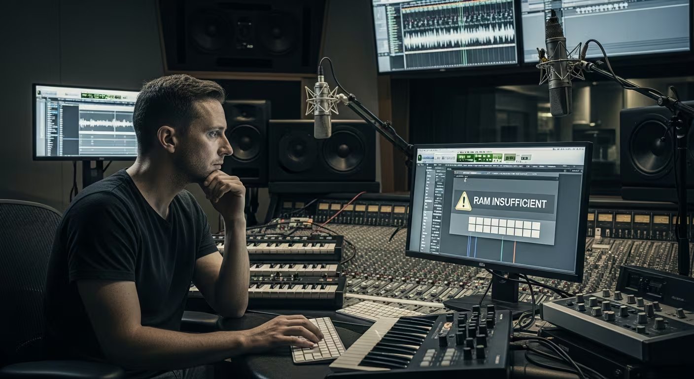 Un productor musical en un moderno estudio de grabación observa con preocupación la pantalla de su computadora que muestra una advertencia de memoria RAM insuficiente. (Imagen Ilustrativa Infobae)