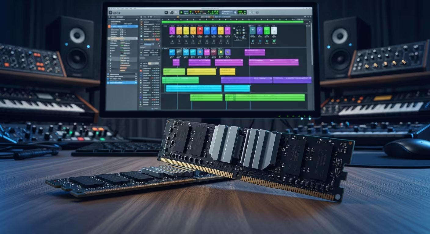 Módulos de memoria RAM sobre una mesa, junto a un monitor que exhibe software de producción musical y equipos de estudio de sonido. (Imagen Ilustrativa Infobae)