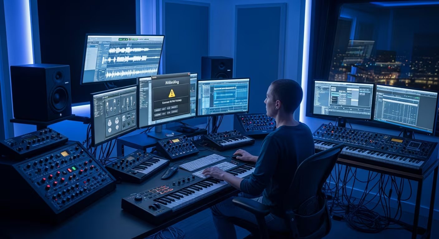 Un compositor trabaja en una estación de trabajo digital con múltiples monitores e instrumentos virtuales, asistido por inteligencia artificial en la creación musical, en un estudio moderno con luces LED. (Imagen Ilustrativa Infobae)