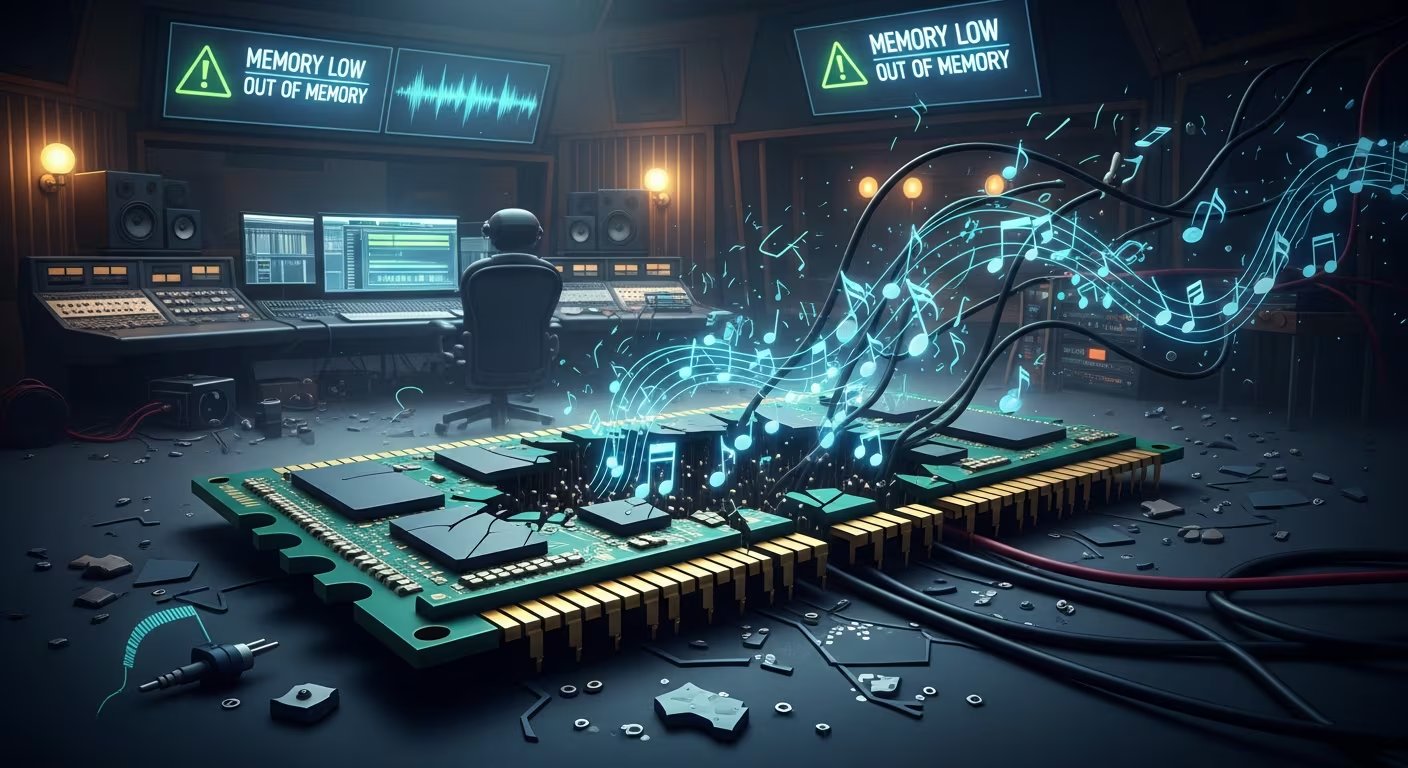 Una ilustración hiperrealista muestra un chip de memoria RAM agrietado del que surgen notas musicales y cables, mientras un estudio de grabación digital indica una alerta de memoria baja. (Imagen Ilustrativa Infobae)