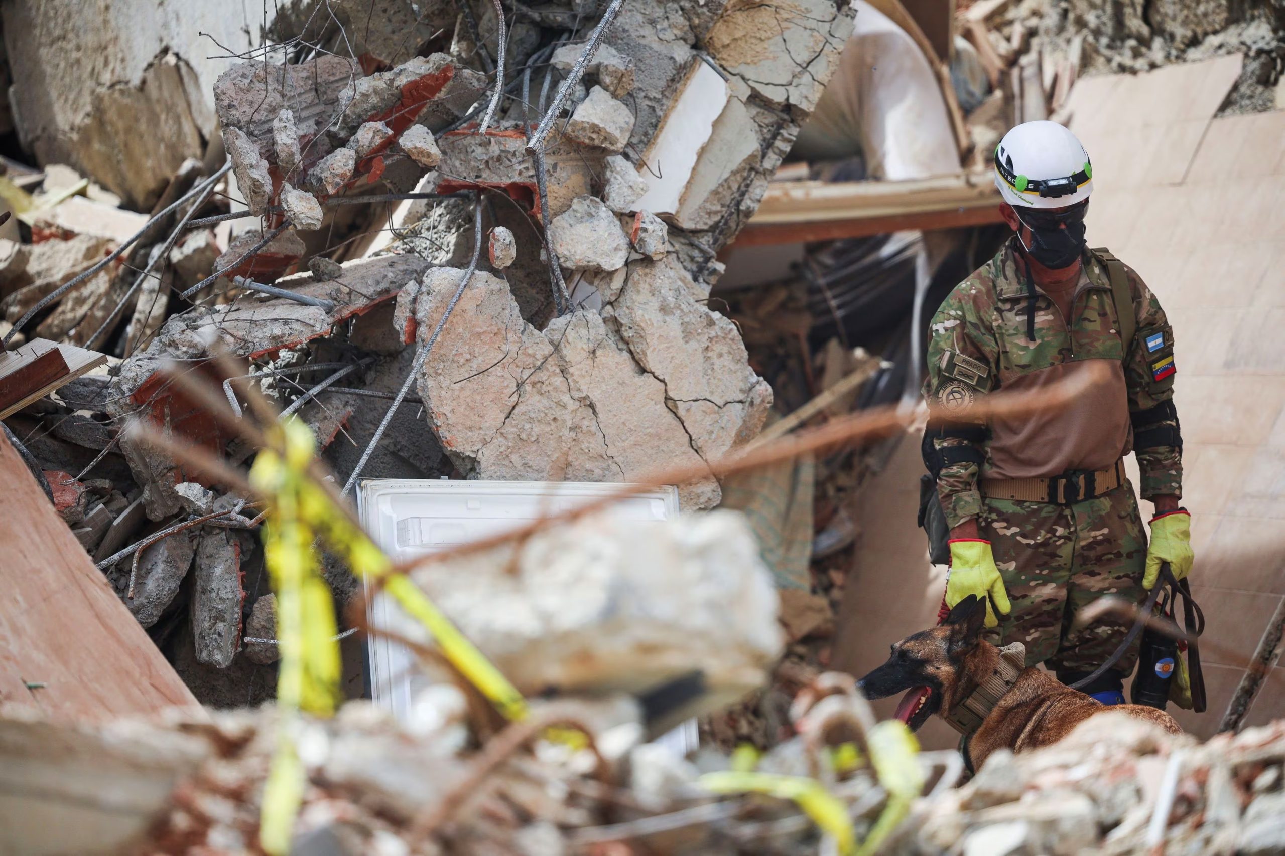 Un integrante del servicio militar argentino y un perro de búsqueda y rescate caminan entre escombros tras los terremotos del 24 de junio en La Guaira, Venezuela (REUTERS)