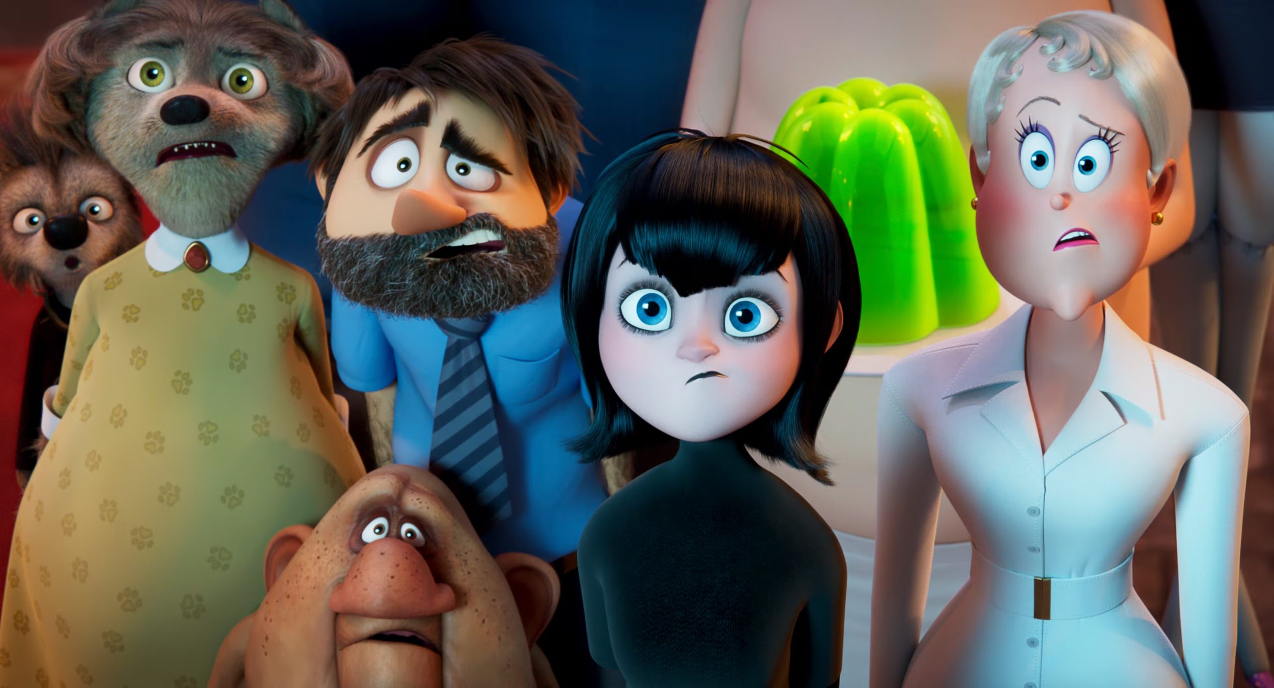 Wanda (Molly Shannon), Wayne (Steve Buscemi), Murray (Keegan-Michael Key), Mavis (Selena Gomez), Blobby, and Ericka (Kathryn Hahn) in Columbia Pictures' HOTEL TRANSYLVANIA: TRANSFORMANIA. 