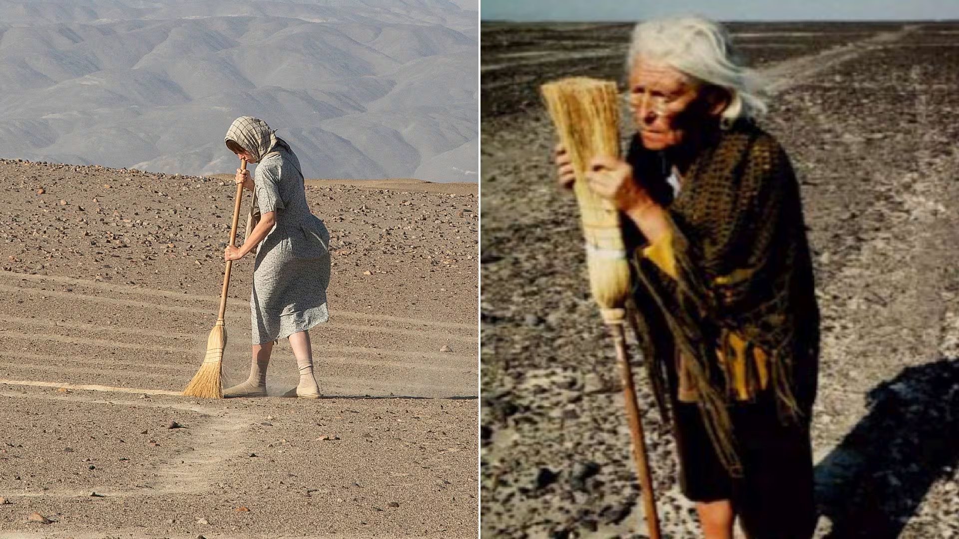 A la izquierda, una imagen de 'Lady Nazca'; a la derecha, una fotografía de Maria Reiche. (Montaje realizado por Infobae)