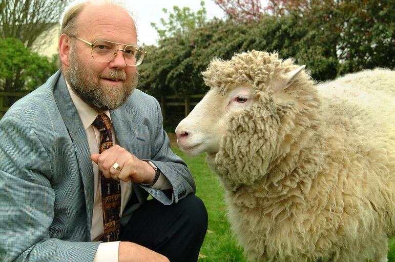 Dolly con el profesor Sir Ian Wilmut. Dolly fue la primera mamífera clonada a partir de una célula adulta y nació el 5 de julio de 1996 en una granja cercana a Edimburgo
