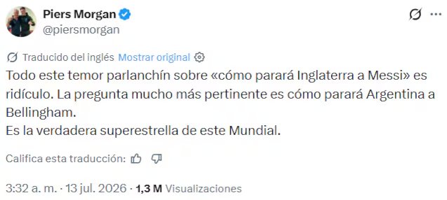 Piers Morgan expone su punto de vista sobre el desempeño de Lionel Messi y Jude Bellingham en el contexto del Mundial