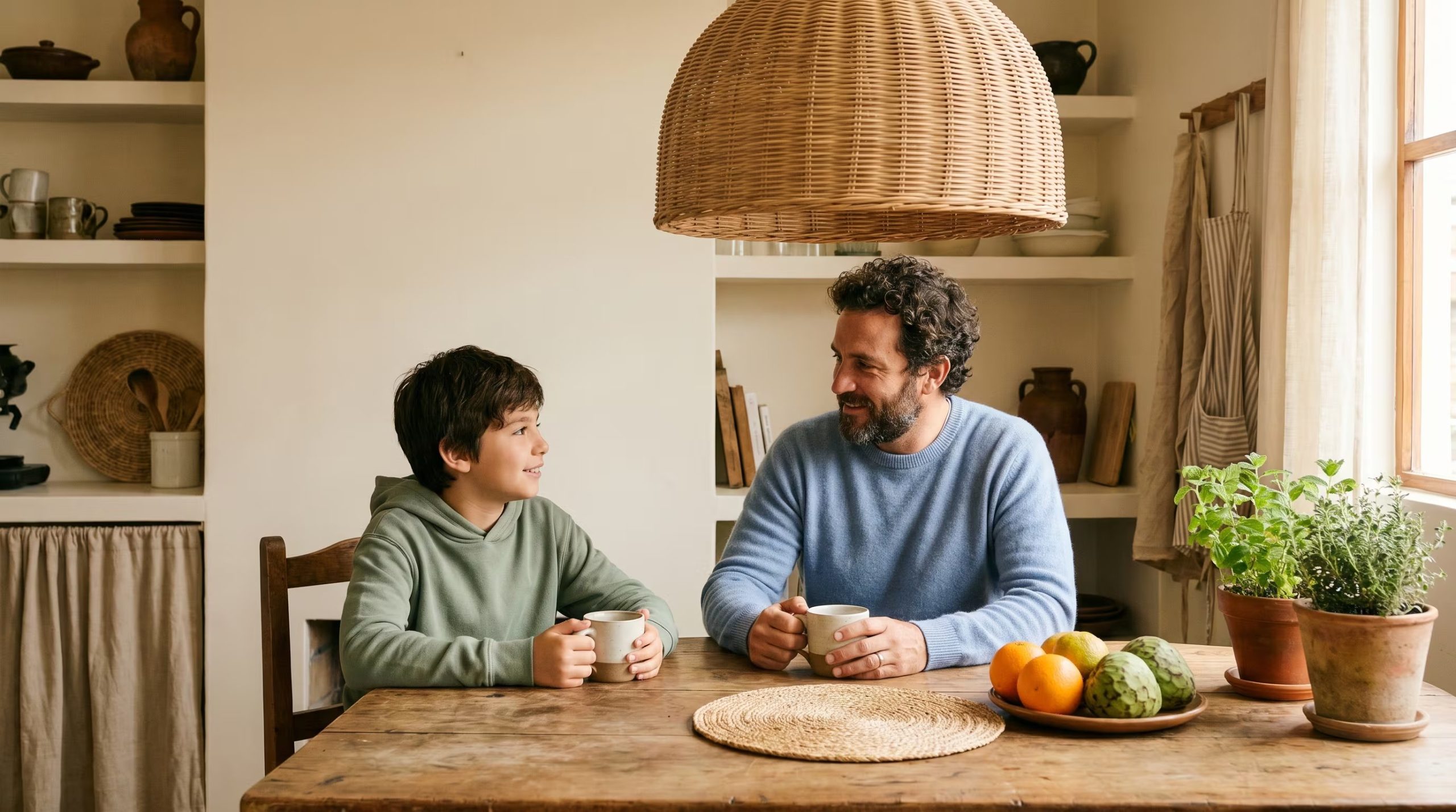 Un padre y su hijo preadolescente disfrutan de un tranquilo desayuno matutino compartiendo una conversación. (Imagen Ilustrativa Infobae)