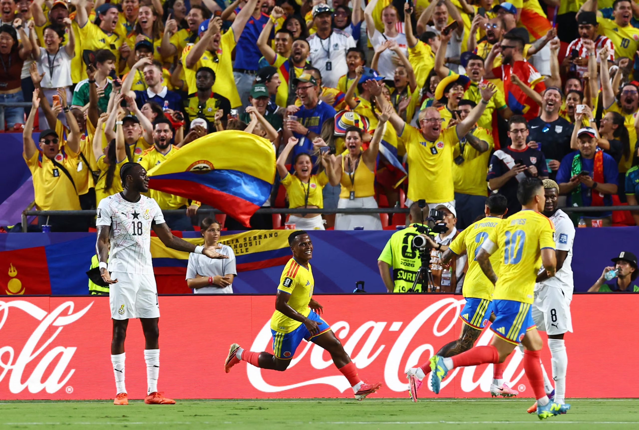 Fútbol - Copa del Mundo de la FIFA 2026 - Octavos de final - Colombia contra Ghana - Estadio de Kansas City, Kansas City, Misuri, EE. UU. - 3 de julio de 2026. El colombiano Jhon Arias celebra tras marcar el primer gol de su equipo. REUTERS/Bernadett Szabo