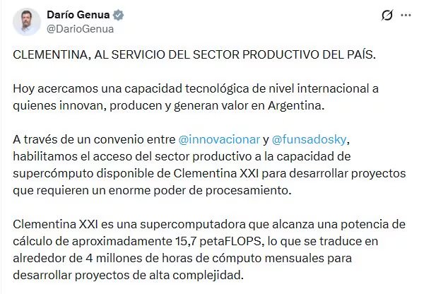 A través del convenio entre la Secretaría de Innovación y Fundación Sadosky se habilita el acceso del sector productivo a la capacidad de supercómputo disponible de Clementina XXI (@DarioGenua)