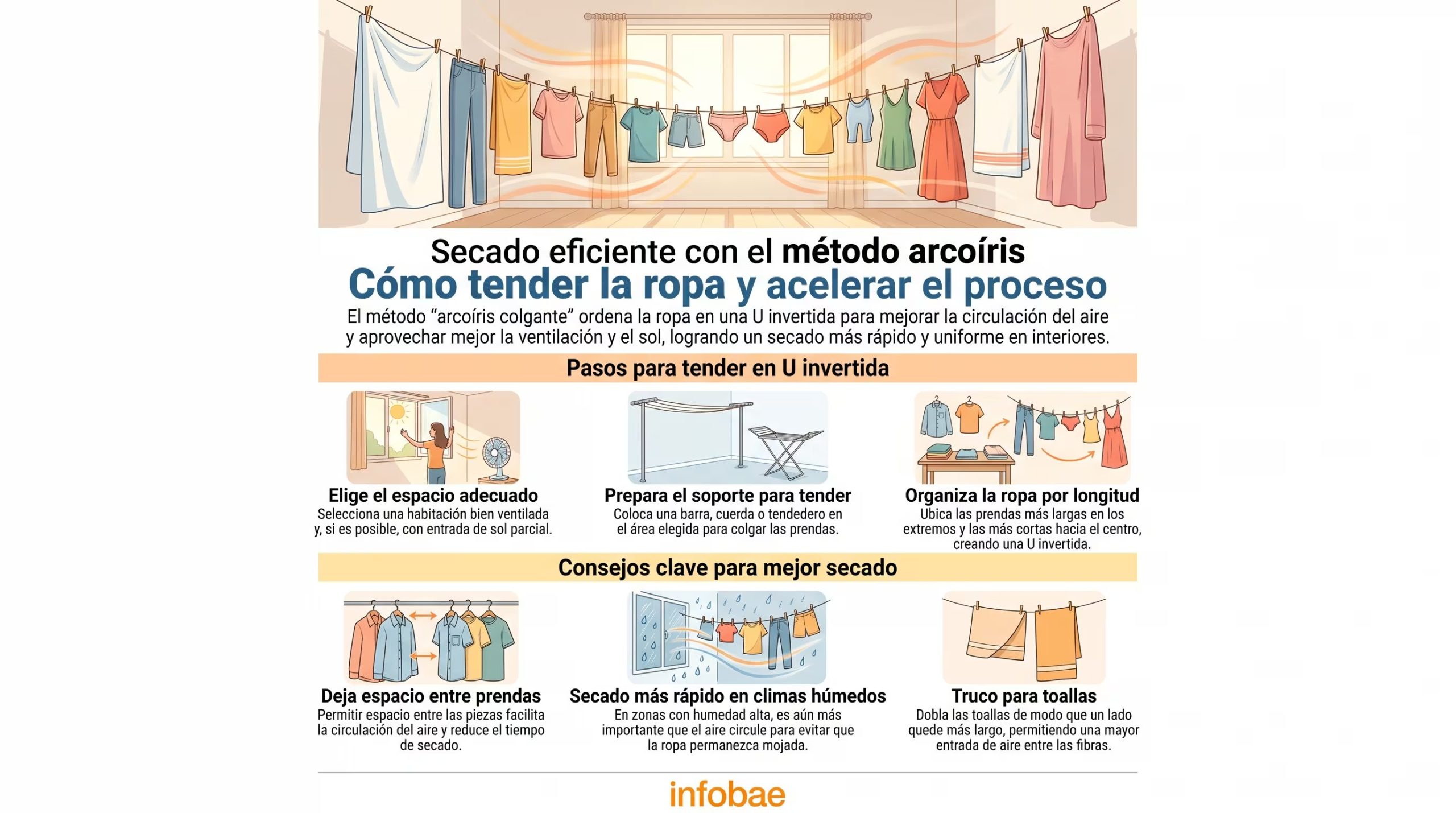 Una infografía de Infobae detalla el método arcoíris para tender la ropa en forma de U invertida, aprovechando la circulación del aire para un secado más rápido. (Imagen Ilustrativa Infobae)