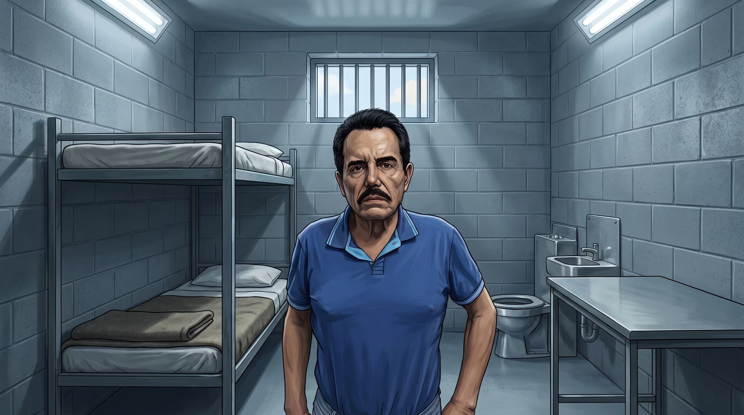 Ismael El Mayo Zambada está de pie en el centro de una celda de prisión federal estadounidense, con paredes de bloques grises, una litera metálica y una ventana con barrotes. (Imagen Ilustrativa Infobae)