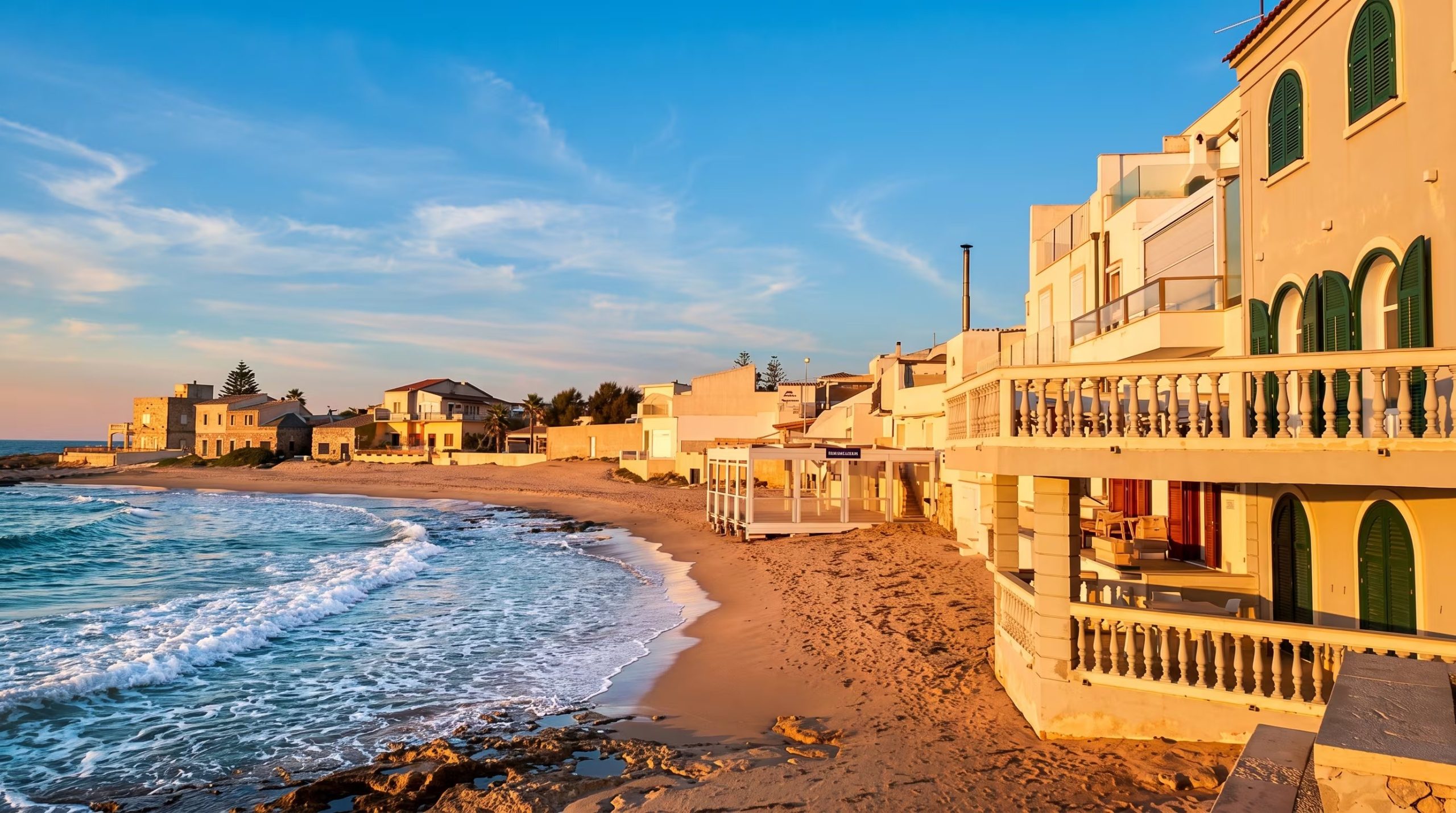 La costa rocosa de una playa con edificios de estilo mediterráneo recibe la luz del atardecer, mientras las olas rompen suavemente en la arena. (Imagen Ilustrativa Infobae)